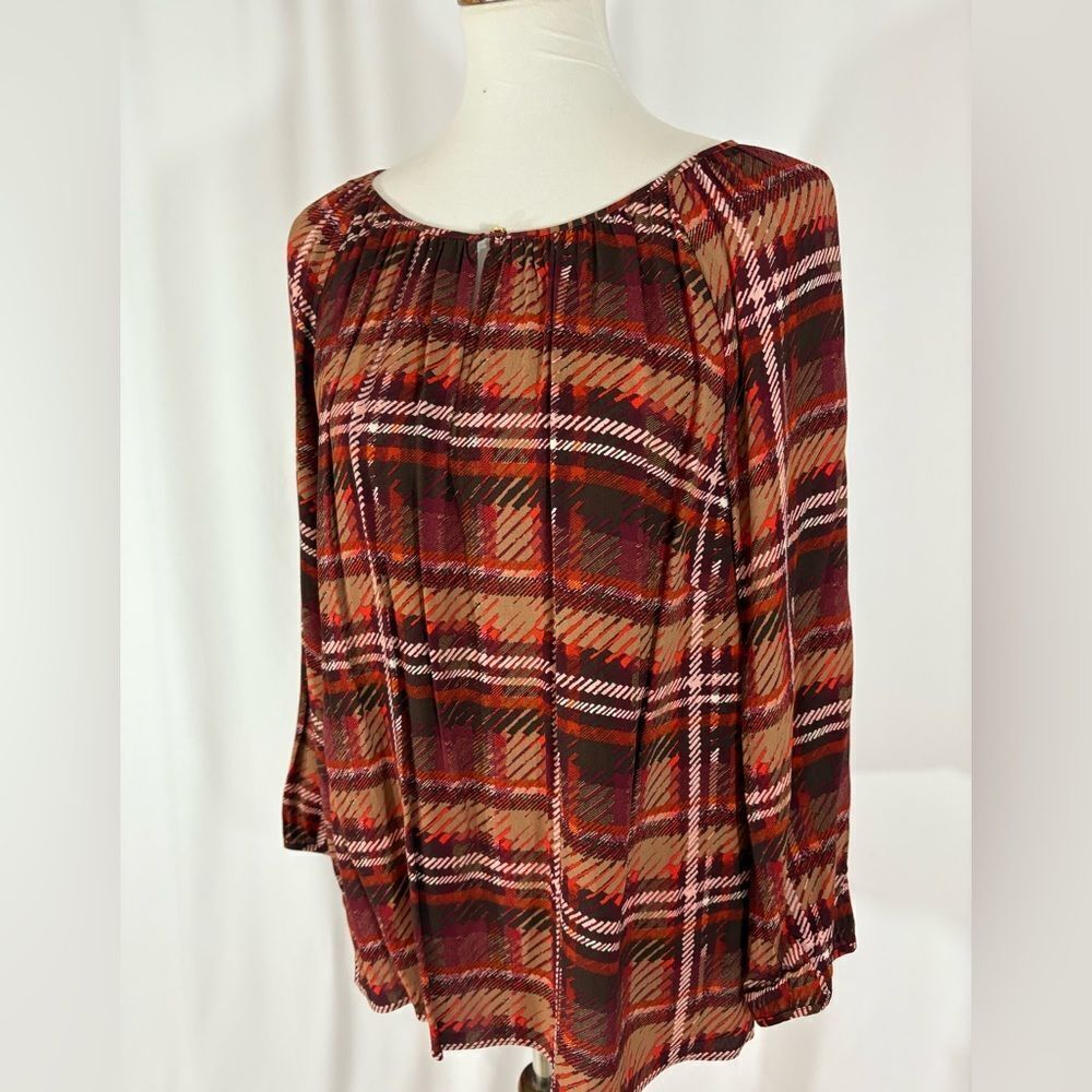 NWOT Talbots Brown/Orange Plaid Long Sleeve Top